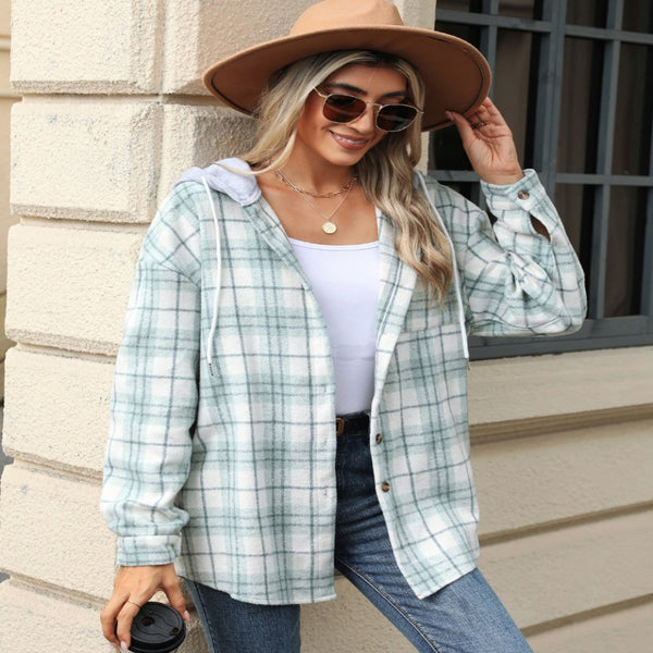 Plaid Hooded Woolen Coat Button-Up Long Sleeve Loose Fit