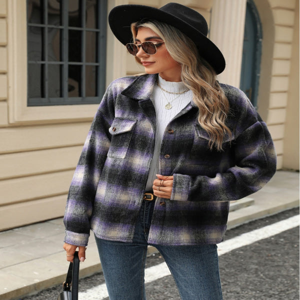 Striped Plaid Woolen Coat with Polo Collar and Pocket - Loose Fit Long Sleeves