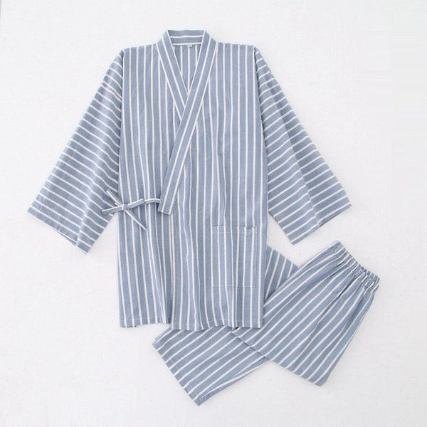 Striped Japanese Cotton Kimono Pajama Set for Couples - Lightweight and Washable