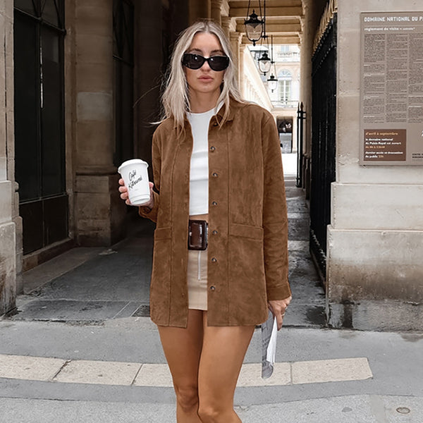 Loose Brown Suede Coat with Lapel Design for a Chic Look