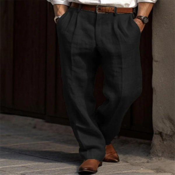 Men's Linen Pants Solid Color Pleated Mid Waist Straight Leg Casual Pants With Pockets, Suitable For Daily Office Work