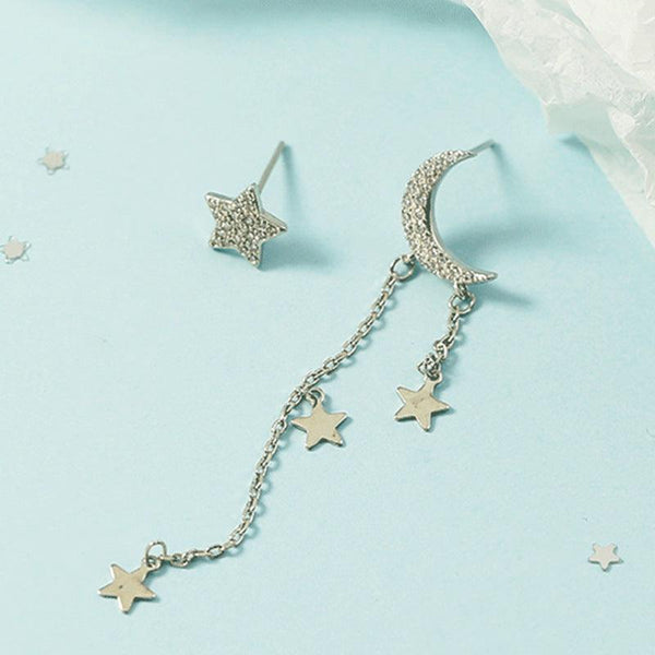 Star Moon Asymmetric Tassel Stud Earrings for Women - Long Fashion Accessory