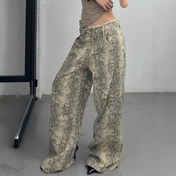 Retro Serpentine Low Waist Jeans - Loose American Trousers for Women