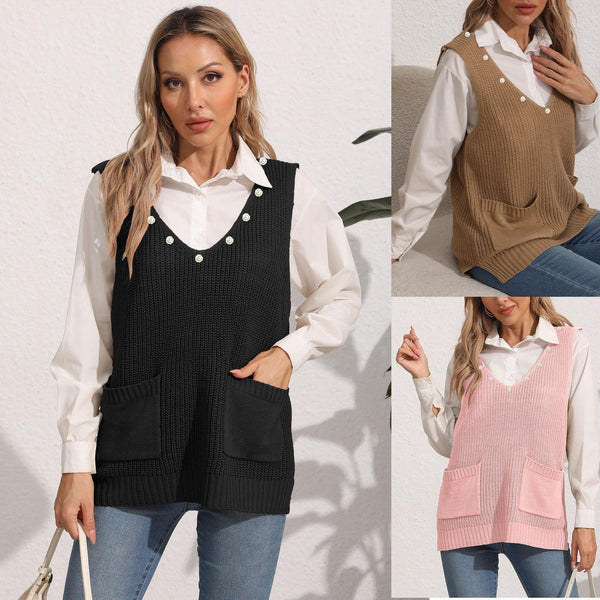 Women's Vest Double Pocket V-neck Patchwork