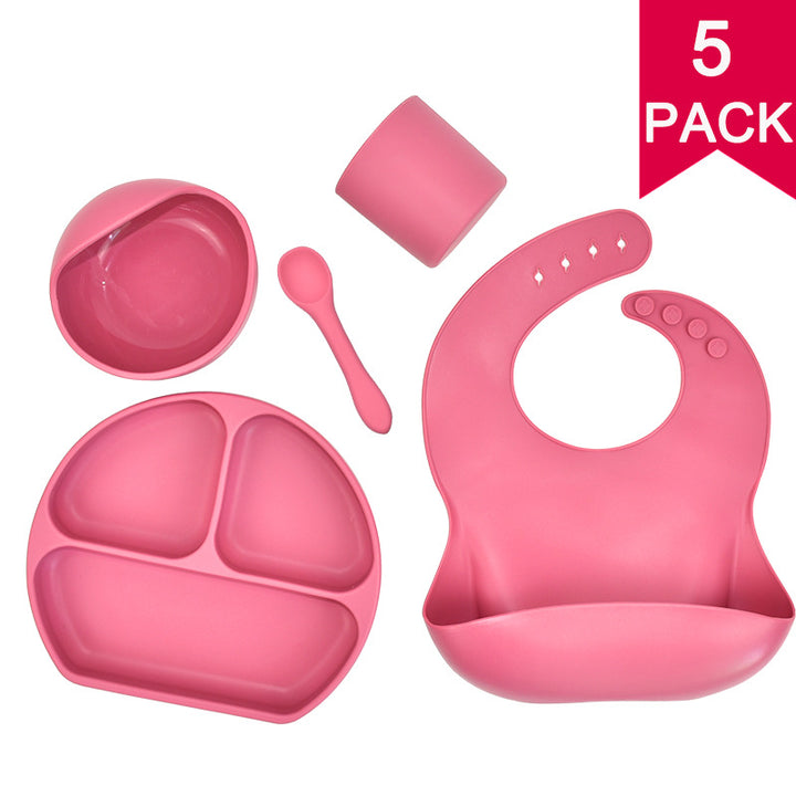 Silicone children's tableware set baby feeding complementary food tableware saliva pocket suction cup bowl spoon dinner plate bib 5-piece set - Totostore