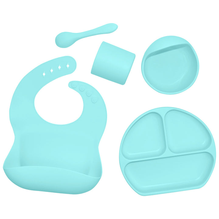 Silicone children's tableware set baby feeding complementary food tableware saliva pocket suction cup bowl spoon dinner plate bib 5-piece set - Totostore