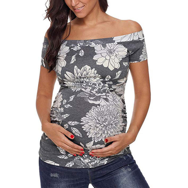 Off Shoulder Maternity T-Shirt - Short Sleeve Ruched Side - Classic Summer Clothing for Moms-to-Be - Totostore