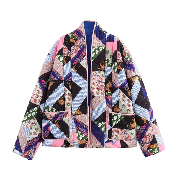 Womens Color Matching Lapel Coat - Stylish Print Design for a Fashionable Look