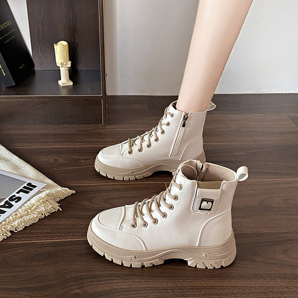 Womens British Style Soft Leather High-top Booties with Thick Soles