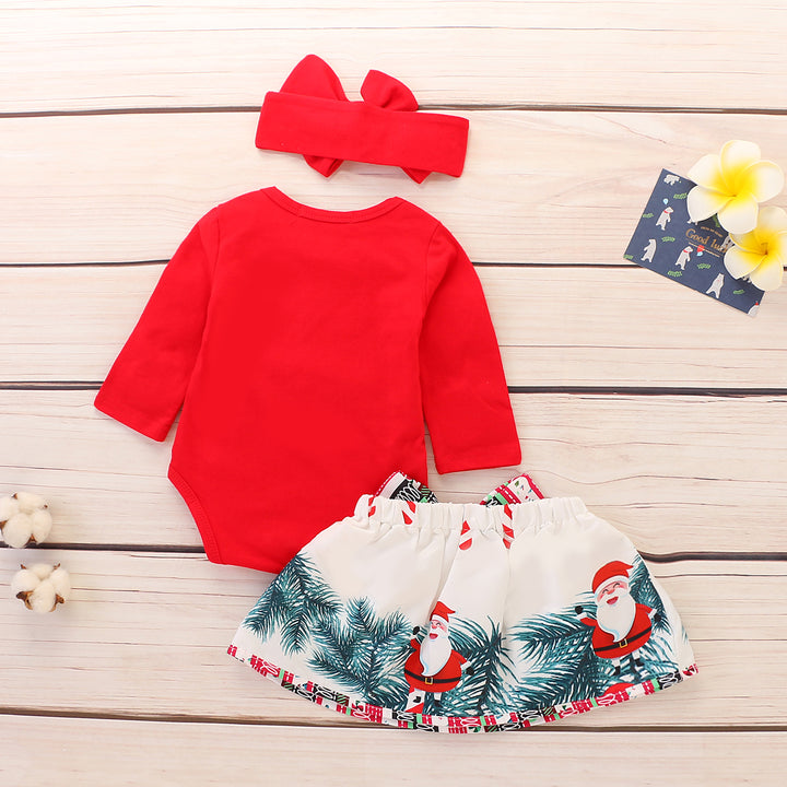 Adorable 3-Piece Baby Girl Christmas Outfit - Red Top Skirt Bow Headband Set - Totostore