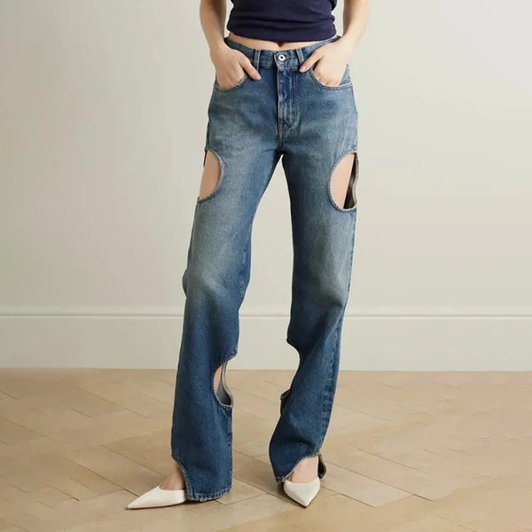 High-Grade Straight-Leg Pants with High Waist and Hollow Design - Fashion Casual