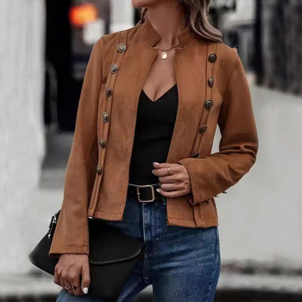 Stylish Suede Double Breasted Jacket Retro Design Long Sleeves Womens Outwear Coat