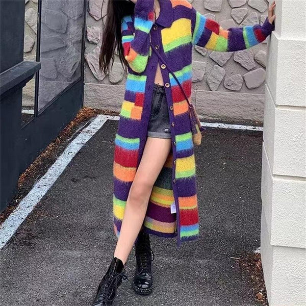 Fashion Slimming Candy Color Coat Retro Lazy Style Rainbow Striped Cardigan Sweater