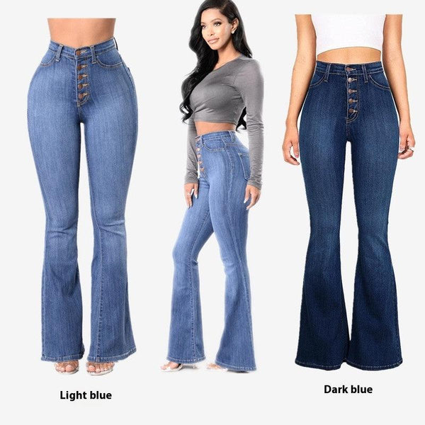 Stylish High Waist Denim Bell-bottom Pants for a Slim Fit  Package Hip Design