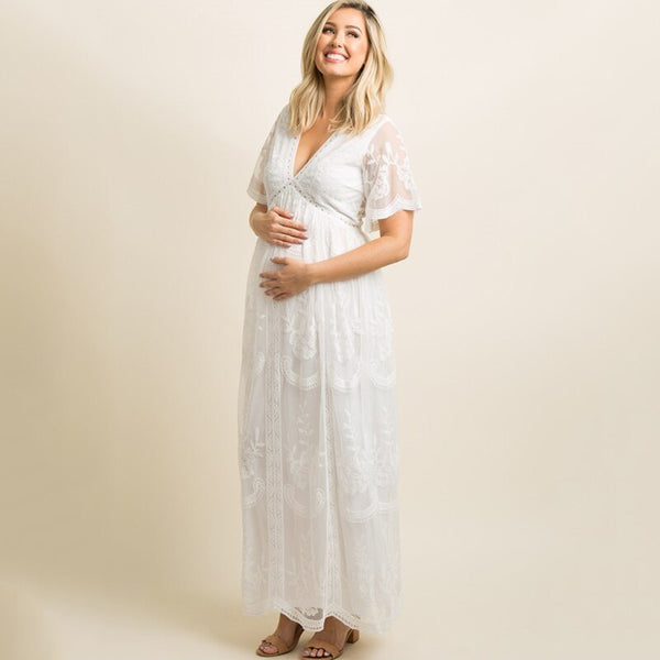 White Lace Maternity Dress - V-Neck Short Sleeve Maxi for Summer Photo Shoots - Totostore