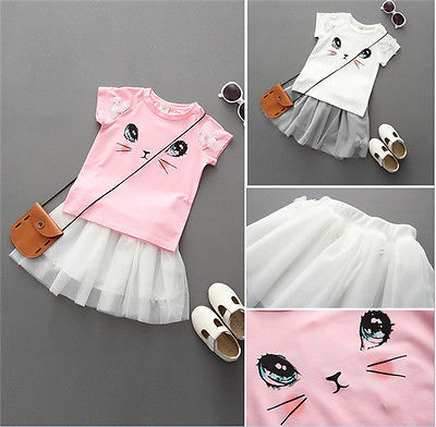 Girls 2-Piece Cat Print T-shirt and Tutu Dress Set - Short Sleeve Outfit for Ages 2-7 with Cute Kitty Theme - Totostore