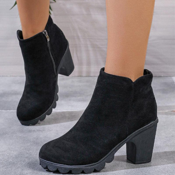 Chunky Heel Round Toe Zip Ankle Boots - Stylish and Comfortable