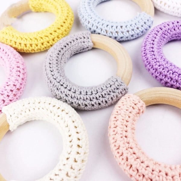 10pc Natural Maple Wood Teether with Chunky Crochet Ring - Organic Baby Teething Toy - Totostore