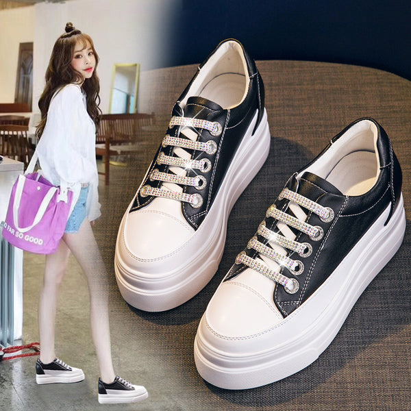 Versatile White Leather Womens Platform Board Shoes with Height-Increasing Insole