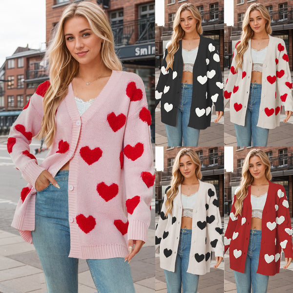 V-neck Heart Knit Mid-length Cardigan with Buttons for Women