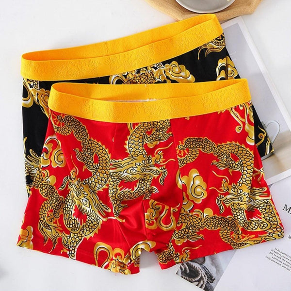 Men's Gold Belt Dragon Print Flower Underwear