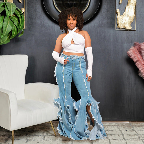 Ripped Womens Hollow Jeans - Garment Washed for a Trendy Look