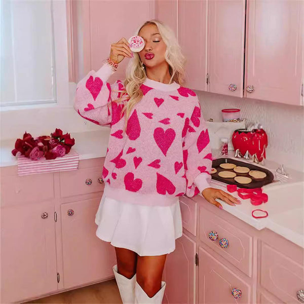 Sweet Heart-shaped Jacquard Pullover  Two-color Round Neck  Comfy Sweater