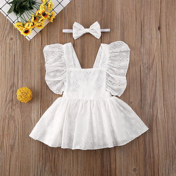 Newborn Girl Romper Dress with Flower Ruffle Detail Matching Headband Set - Solid Color Cotton Outfit - Totostore