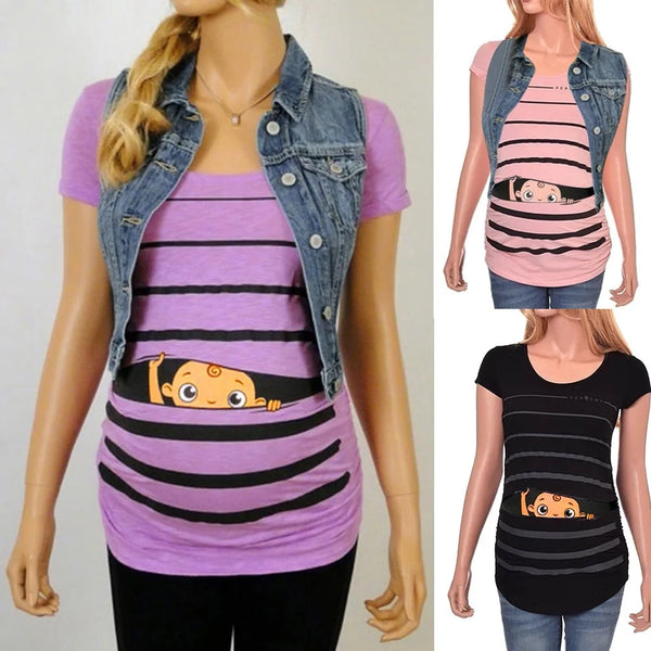 Striped Maternity T-shirt for Summer - Cartoon Design - Totostore