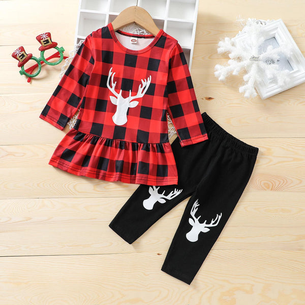 Newborn Christmas Baby Clothes Set - Antler Print Pullover Top and Trousers for Girls - Autumn Winter Childrens Clothing - Totostore