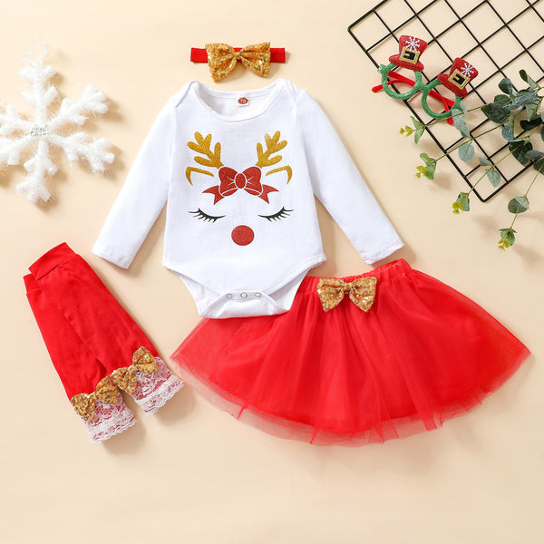 Infant Christmas Clothing Set 4pc Cartoon Deer Snowman Bodysuit Tulle Skirt Headband 3-18M - Totostore