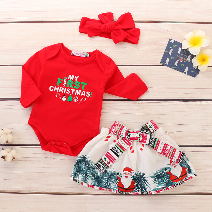 Adorable 3-Piece Baby Girl Christmas Outfit - Red Top Skirt Bow Headband Set - Totostore