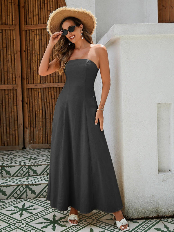 Breathable Linen Maxi Dress - Strapless Shirred Back Flattering A-Line Cut in Black White  Yellow  Womens Clothing