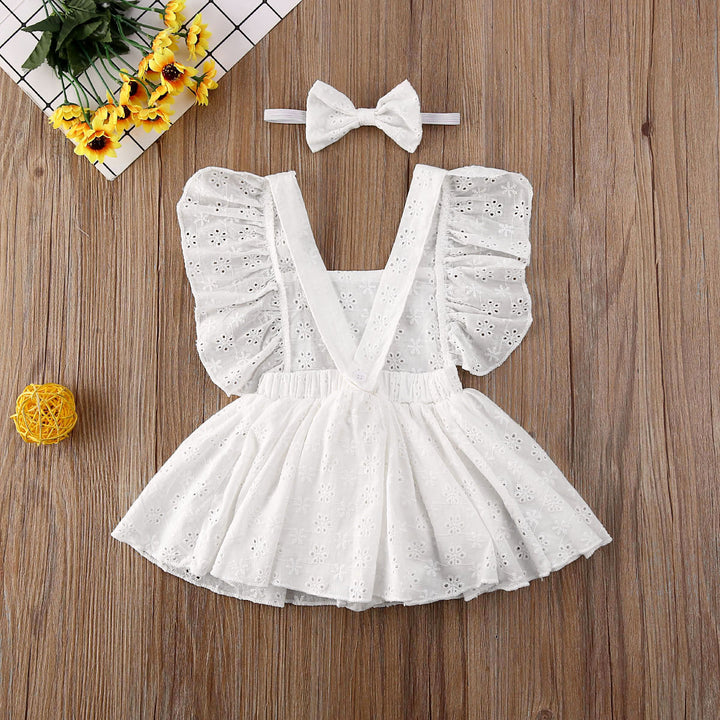 Newborn Girl Romper Dress with Flower Ruffle Detail Matching Headband Set - Solid Color Cotton Outfit - Totostore