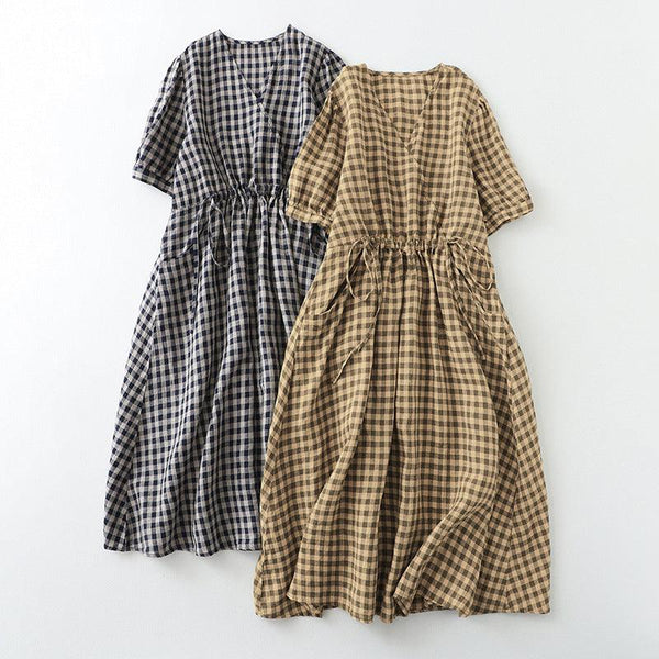 Retro Plaid Dress - Short Sleeve Cotton  Linen Pullover with Elastic Waist