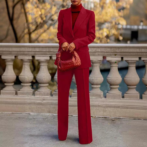 Solid Color Two-Piece Suit Set Straight-Leg Coat and Pants