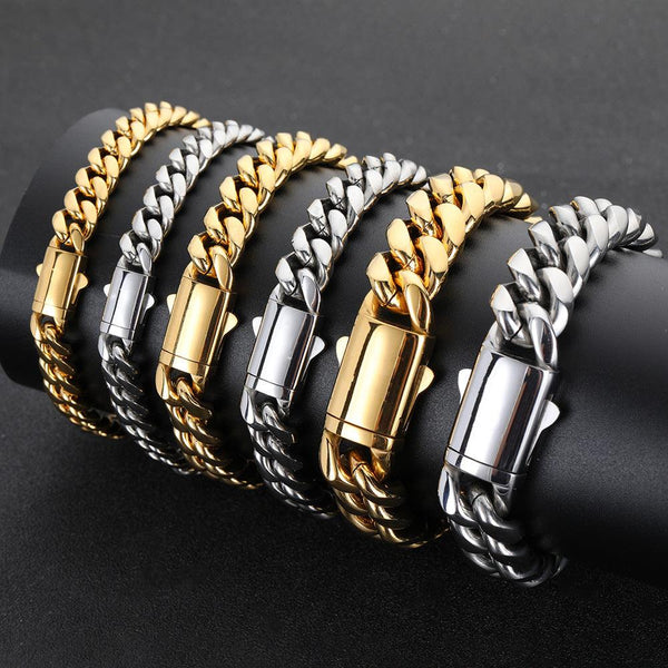 Elegant European and American Stainless Steel Cuban Bracelet for Men - Spring Buckle Design