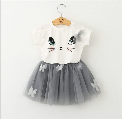 Girls 2-Piece Cat Print T-shirt and Tutu Dress Set - Short Sleeve Outfit for Ages 2-7 with Cute Kitty Theme - Totostore