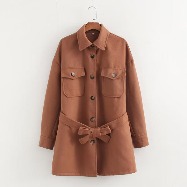 European  American Wool Coat Solid Color with Belt  Stylish  Warm Outerwear