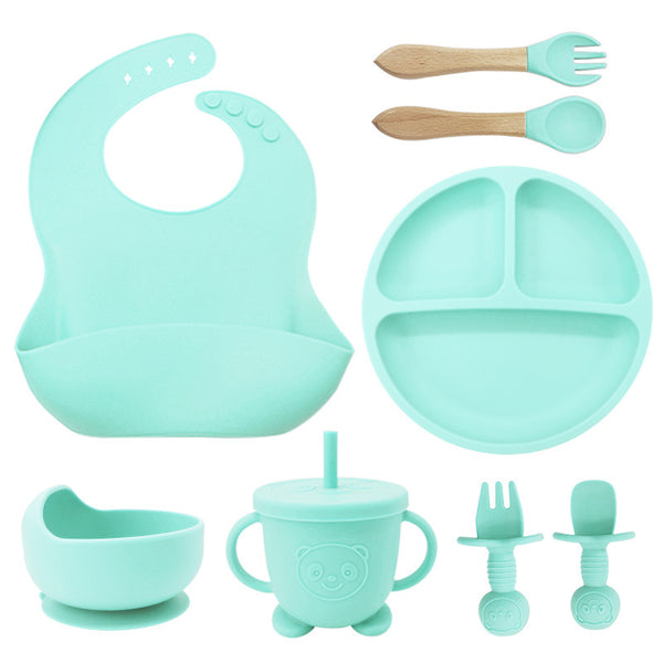 8-Piece Silicone Mother Baby Tableware Set Bibs Plates Suction Bowls More - Totostore