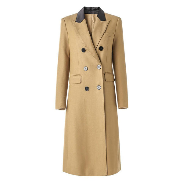 Classic Wool Double Breasted Long Coat with Beaded Edge - Ideal for Fall and Winter