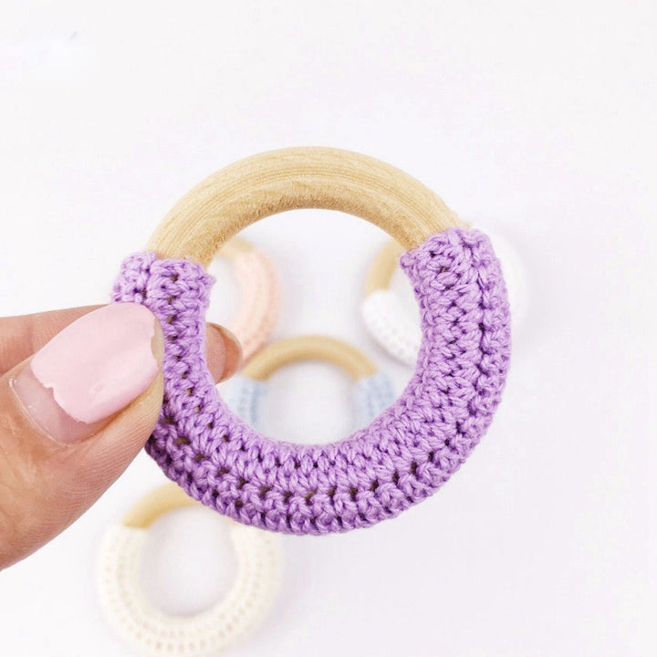 10pc Natural Maple Wood Teether with Chunky Crochet Ring - Organic Baby Teething Toy - Totostore