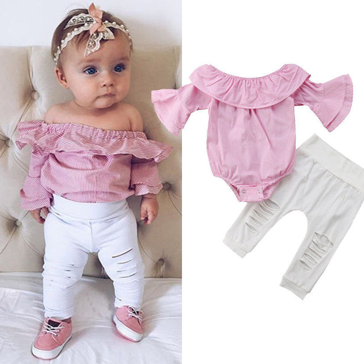 2-Piece Baby Girls Clothing Set Off Shoulder Romper and White Ripped Jeans for Newborn Girls - Totostore