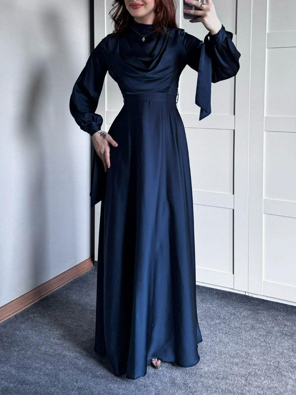 Satin Plunge Collar Strappy Maxi Dress - Long Sleeves - Perfect for Any Occasion