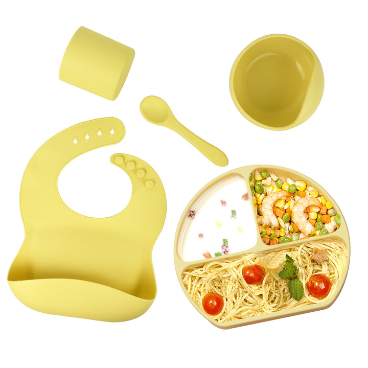 Silicone children's tableware set baby feeding complementary food tableware saliva pocket suction cup bowl spoon dinner plate bib 5-piece set - Totostore