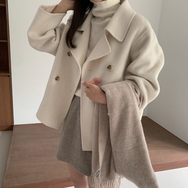 Korean Chic Woolen Coat - Retro Double Breasted Lapel Elegance