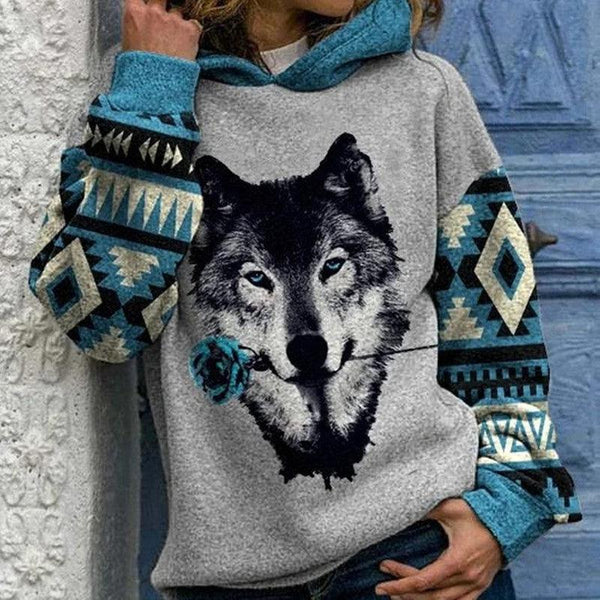 Womens Printed Hooded Sweater - Loose Casual and Comfortable Long-sleeved Style