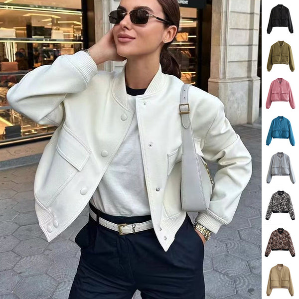 Womens Casual Stand Collar Jacket with Pockets - Long Sleeve Outwear Coat for Fashionable Comfort