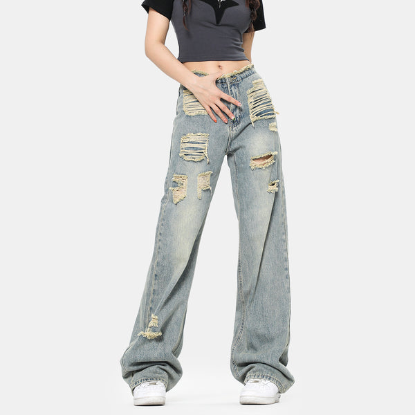 Classic American High Street Jeans Distressed Ripped and Washed for a Vintage Look