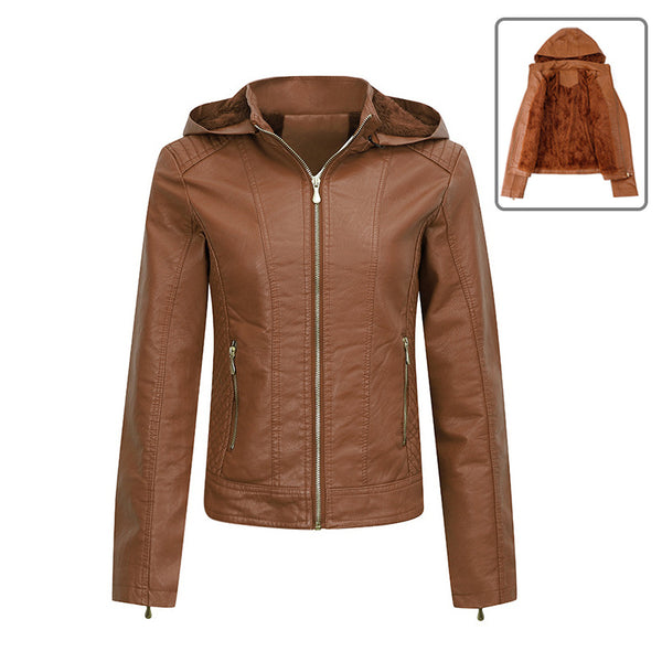 Thick Plush Hooded Coat Winter Fashion Slim Leather Jacket with Pockets for Womens Clothing